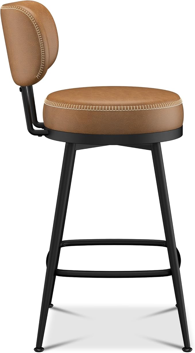 Counter Height Bar Stools, 26" H Swivel Barstools Set of 2, Faux Leather Kitchen Counter Stools with Back and Stylish Stitching, Metal Frame, Pub, Home Bar, Whisky Brown