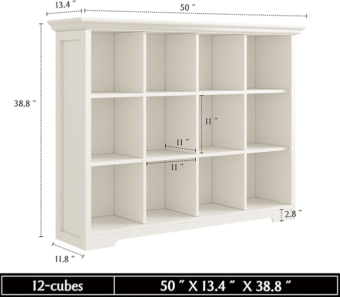 Wooden Cube Bookcase with Base - Modern 3 Tiers Floor Standing Open Shelf Cabinet for Home and Office, 12-Cube Lattice Bookshelf, Warm White