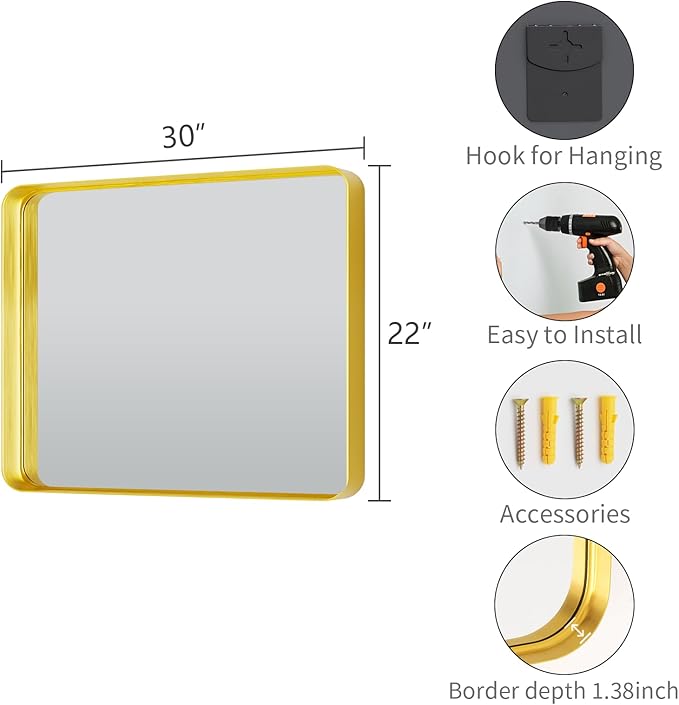 Koonmi Gold Bathroom Mirror for Wall, 22x30 Inch Matte Metal Deep Framed Rounded Corner Wall Mirror, Shatterproof Tempered Glass for Farmhouse Bedroom Entryway, Vertically or Horizontally