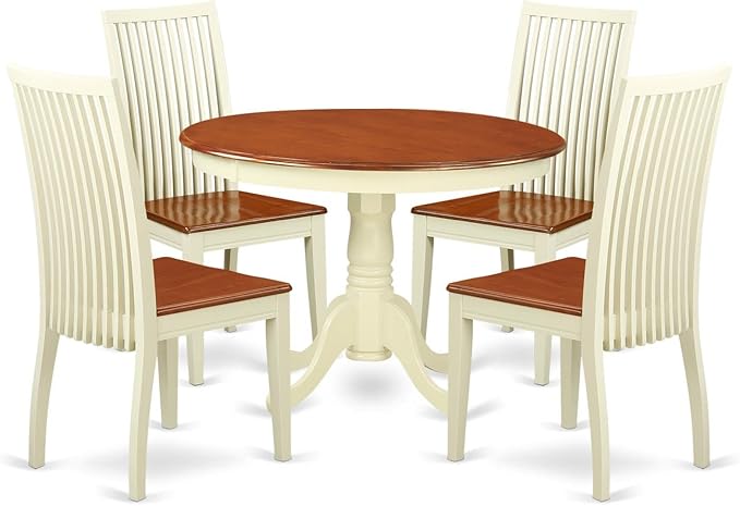 East West Furniture HLIP5-BMK-W 5 Piece Dining Room Furniture Set Includes a Round Kitchen Table with Pedestal and 4 Dining Chairs, 42x42 Inch, Buttermilk & Cherry