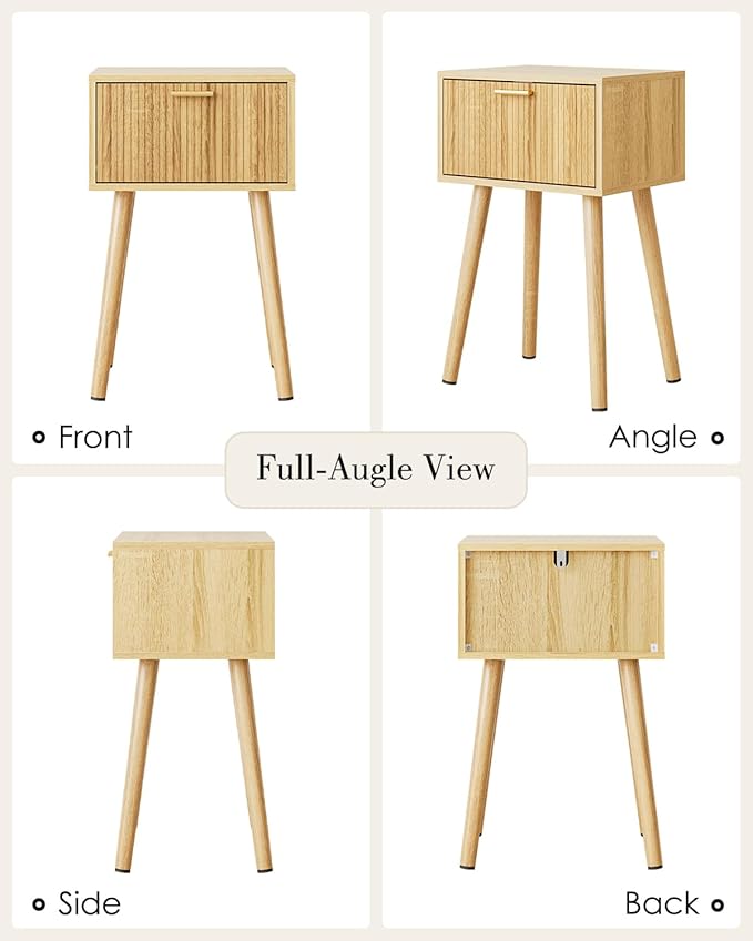 Night Stand Set 2, Oak Nightstand with Fluted Doors, Small Modern Mid-Century Bedside Table for Bedroom, End Table for Living Room
