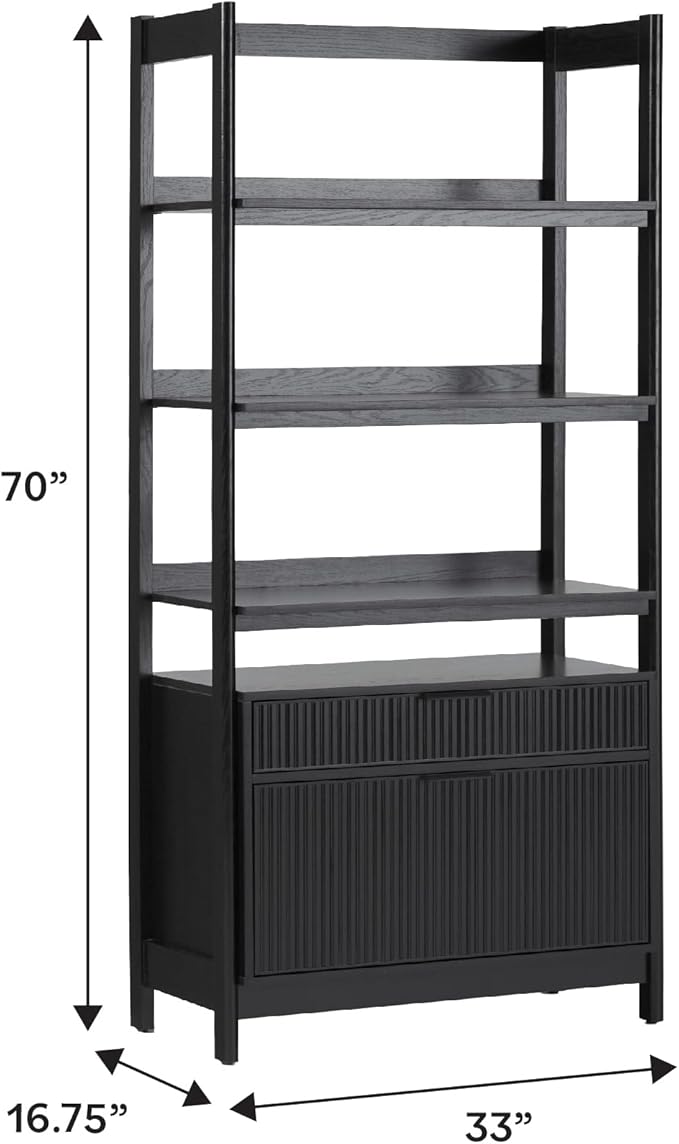 Walker Edison Transitional Open Reeded 4-Shelf Bookshelf with Drawers Versatile Bookcase with Bottom Storage for Home Office, Living Room, Bedroom, 33 Inch, Black