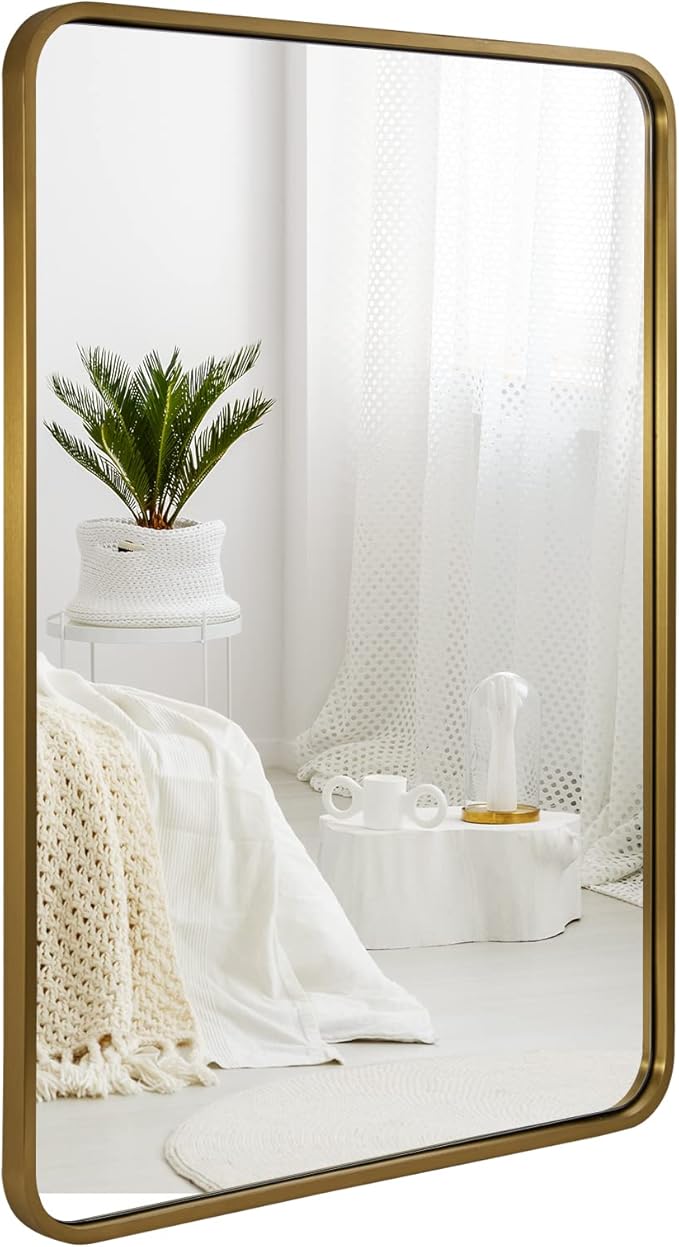 ANDY STAR Brass Mirror Bathroom, 22x30’’ Rounded Rectangle Mirror, Brushed Gold Bathroom Vanity Mirror Non-Rusting SUS304 Metal Tube Frame 1’’ Deep Wall-Mounted Mirrors Vertical/Horizontal