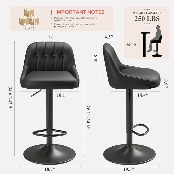 Bar Stools Set of 6, Swivel Bar Chairs, Modern Adjustable PU Leather Upholstered Barstools Counter Height with Tufted Back for Bar, Kitchen Counter Island, Dining Room, Black