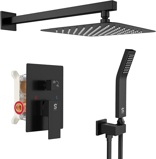 SR SUN RISE Black Square Rainfall Shower Head and Handle Set, Wall Mounted Shower Fixtures, Metal Shower Faucet Trim Repair Kits (With Shower Valve)