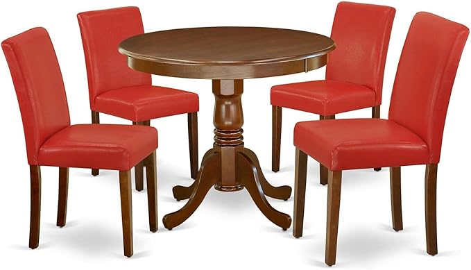 East West Furniture ANAB5-MAH-72 5 Piece Dining Table Set Includes a Round Dining Room Table with Pedestal and 4 Firebrick Red Faux Leather Parsons Chairs, 36x36 Inch, Mahogany