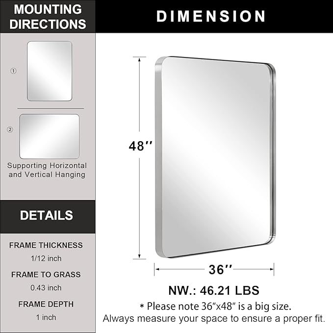 ANDY STAR 36”x48”Brushed Nickel Mirror for Bathroom, Rounded Rectangle Bathroom Mirror, Modern Metal Mirror in Premium Stainless Steel Frame, 1”Deep Set Design Hangs Horizontal Or Vertical