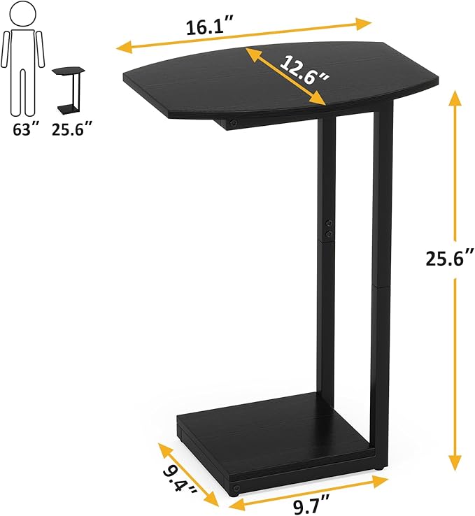 Hosfais Small Side Table End Table, C Shaped Barrel Coffee Table with Metal Frame, Wooden TV Tray for Living Room, Bedroom, Couch, Small Spaces (Black)