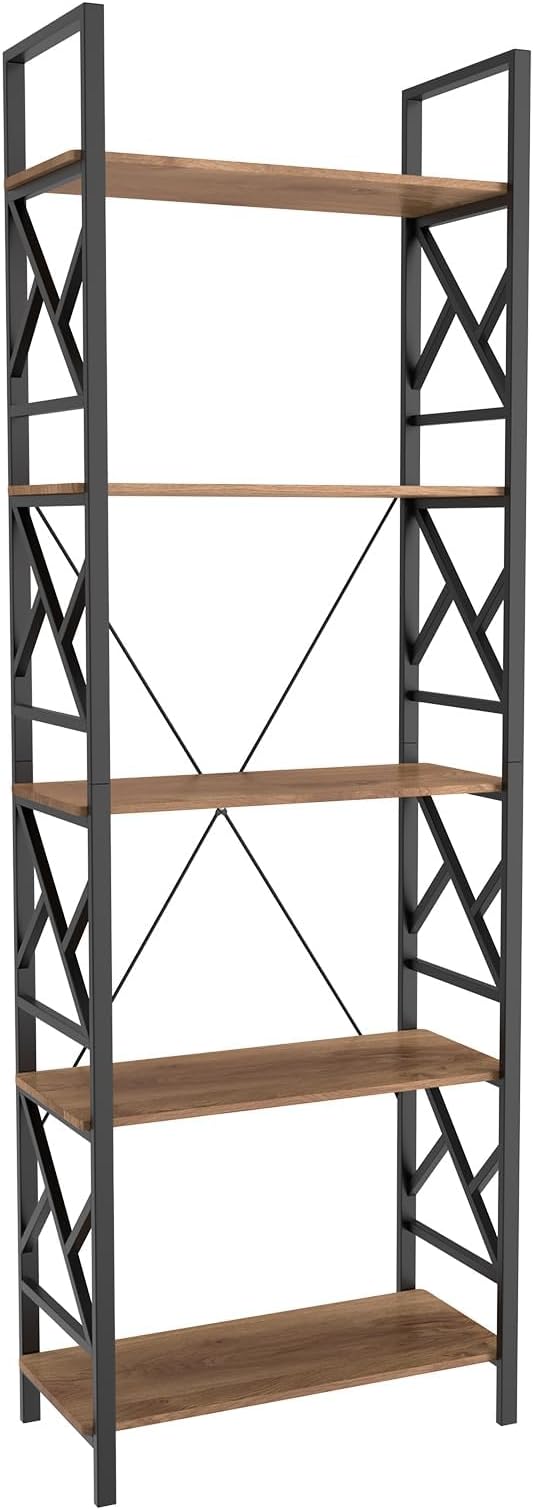 72"H 5-Tier Bookshelf: MDF Wood & Steel Shelves with 500lbs,Tall Narrow Adjustable-Shelf Bookcase.Bookshelves Storage Organizer, Industrial Display Standing Shelf Unit for Living Room/bedroom/Office