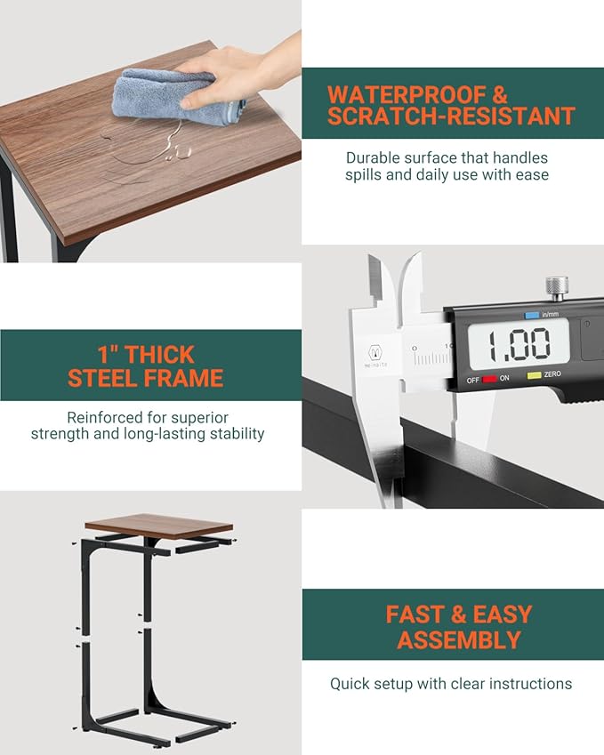 C-Shaped Side Table for Couch - Small Coffee Stand Sofa Tray Desk with Metal Frame and Waterproof Scratch Resistant, Modern End Accent for Living Room, Bedroom, Set of 2, Rustic Walnut
