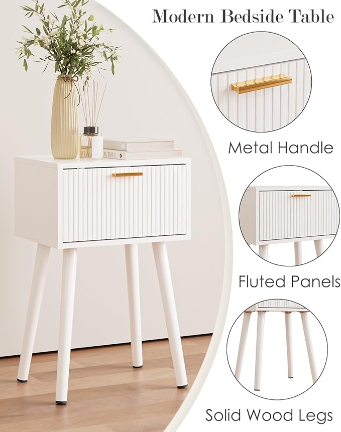 Night Stand, White Nightstand with Fluted Door, Small Modern Mid-Century Bedside Table for Bedroom, End Table for Living Room