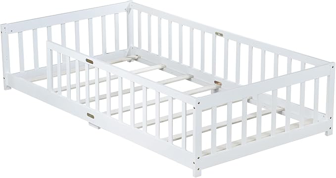 Bellemave Twin Floor Bed with Slats and Safety Guardrails, Kids Montessori Floor Beds with Fence and Without Door, Easy Assemble Floor Bed for Kids, Girls, Boys, White