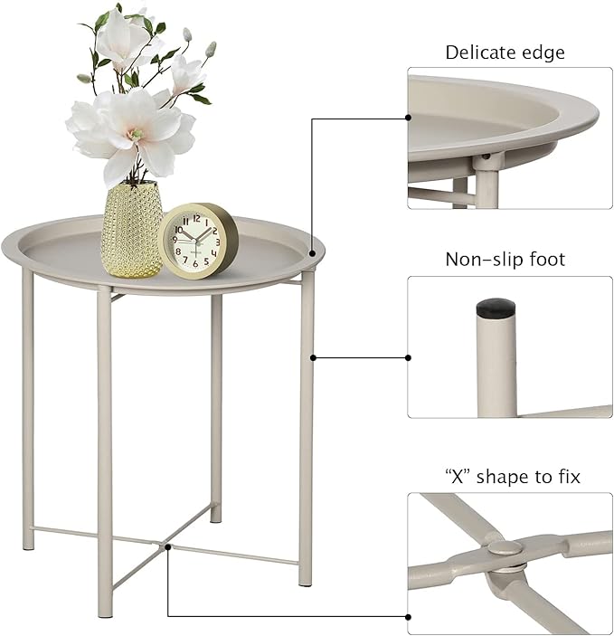VECELO Side/End Table, Folding Round Metal Anti-Rust and Waterproof Outdoor or Indoor Tray for Living Room Bedroom Balcony and Office, 1 PCS, Grey