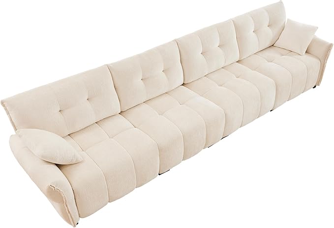 Modern Chenille Fabric 4-Seat Sofa w/ 2 Pillows, Premium Upholstery Living Room Couch with Tufted Backrest & Comfortable Armrests and High-Resilience Memory Foam Cushions,White