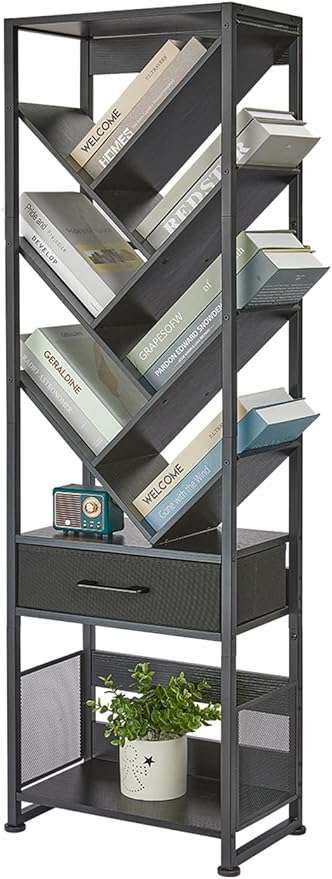 Bookshelf with Drawer,10 Tier Tree Bookcase Retro Floor Standing Bookshelves,Tall Wood Bookcases with Cabinet Storage Organizer for Living Room, Bedroom & Home Office, Black
