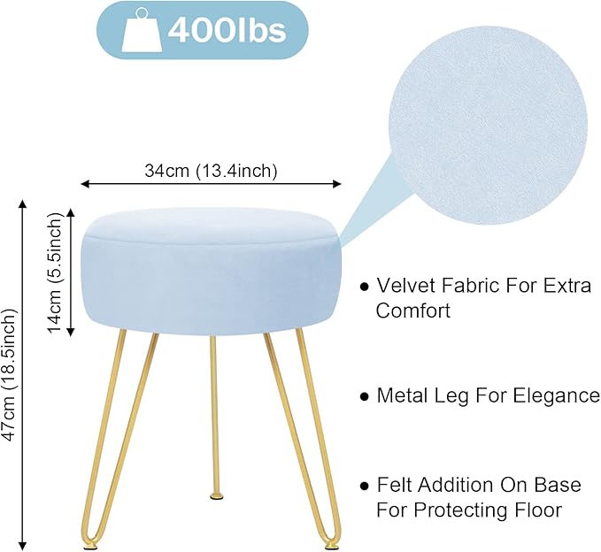 GERANT Multifunctional Vanity Stool - Velvet Footrest Stool-Upholstered Chair Stool -Ottoman Round Modern Dressing Chair - Side Coffee Table Seat with Golden Metal Leg for Living Room (Light Blue)