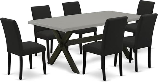 East West Furniture X697AB624-7 7 Piece Modern Dining Table Set Consist of a Rectangle Wooden Table with X-Legs and 6 Black Color Linen Fabric Upholstered Chairs, 40x72 Inch, Multi-Color