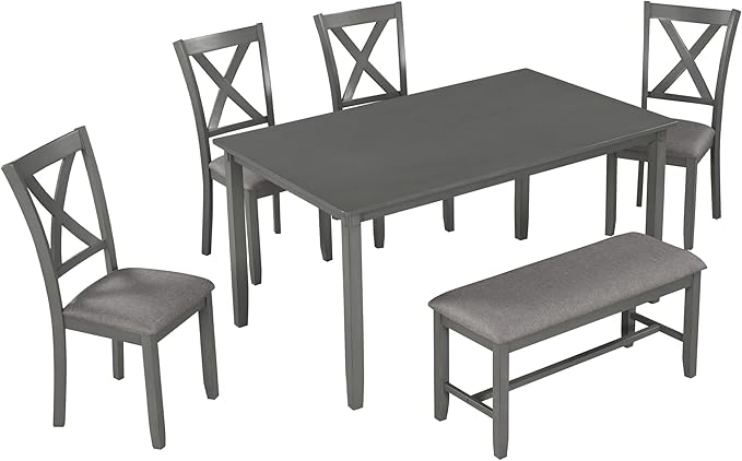 Merax 6-Piece Kitchen Dining Table Set Wooden Rectangular Dining Table, 4 Dining Chair and Bench Family Furniture for 6 People, Grey