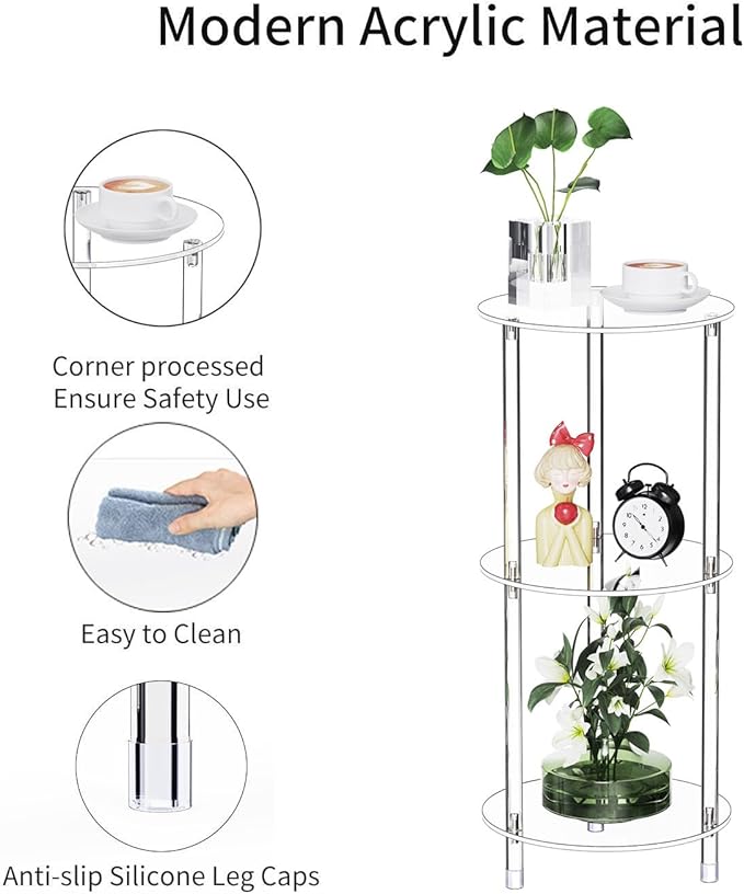 Clear Round Acrylic Side Table for Small Spaces, 11.81" L x 11.81" W x 26.7" H, 3 Tier Small Modern Drink End Table Nightstand, Minimalist Bedside Table for Living Room, Bedroom, Bathroom