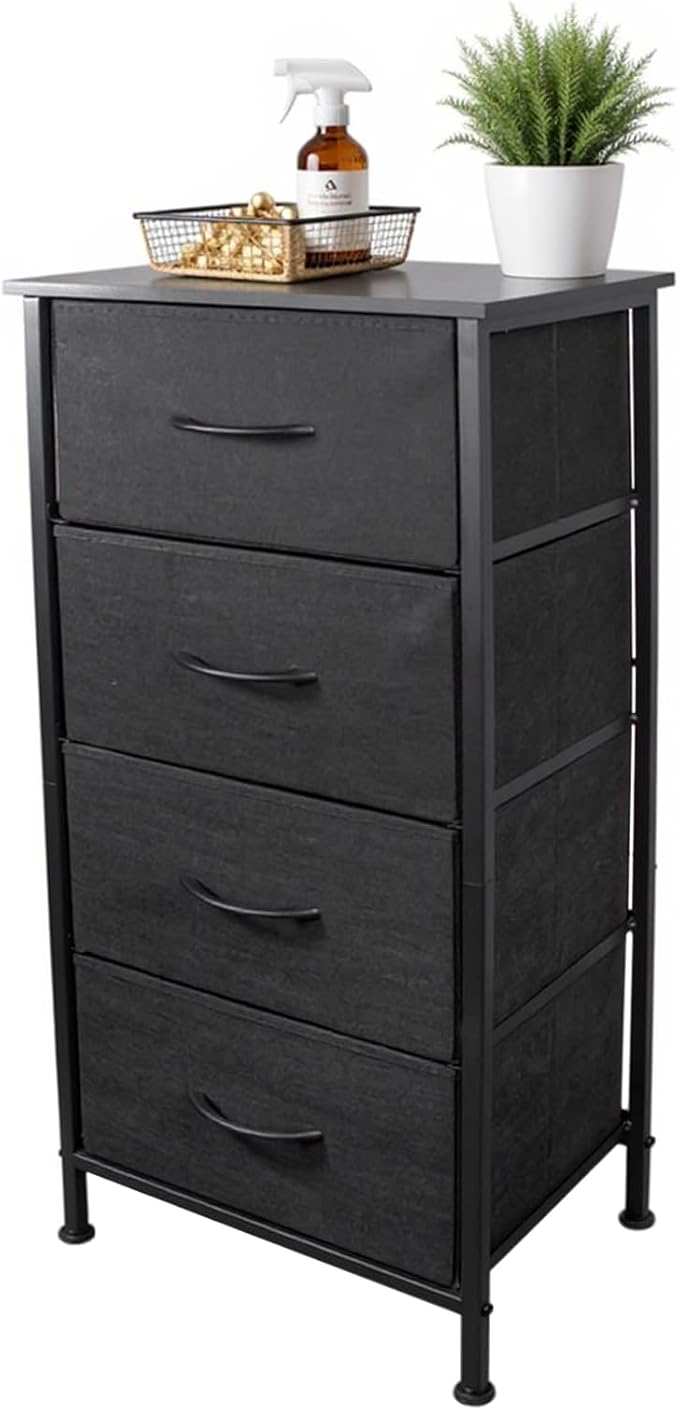 Nightstand with 4 Fabric Bins, Bedside Furniture, Night Stand, End Table Nightstand Storage Tower Unit Organizer with 4 Fabric Bins for Living Room (Black)