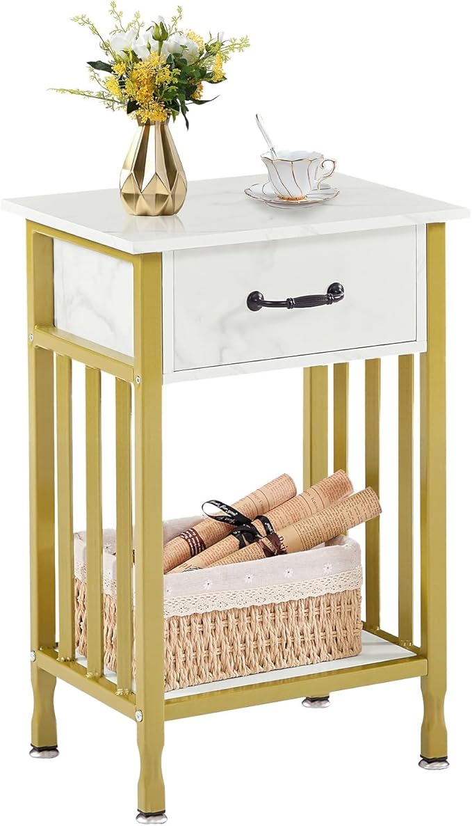VECELO Nightstands, Industrial Side Table/End Tables with Drawer and Storage Shelf, Night Stands for Bedroom, Living Room, Wood Metal Furniture, Easy Assembly