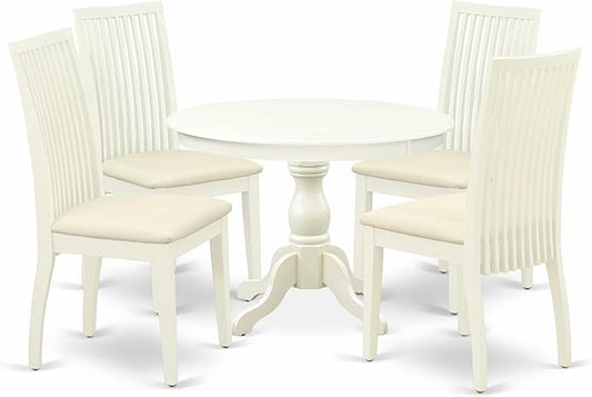East West Furniture HBIP5-LWH-C 5 Piece Dining Set Includes a Round Dining Table with Pedestal and 4 Linen Fabric Kitchen Room Chairs, 42x42 Inch, Linen White
