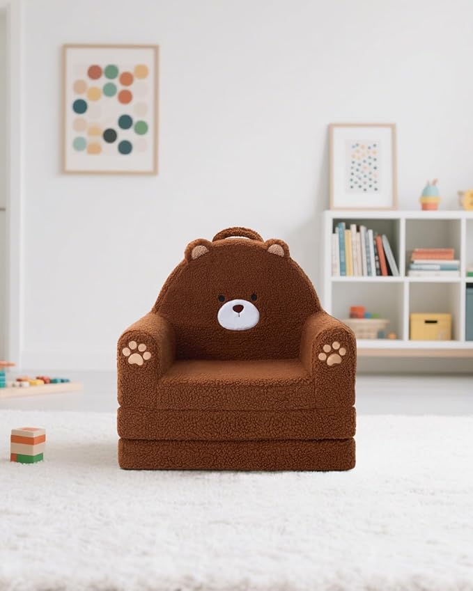MOONBEEKI 2-in-1 Foldable Toddler Couch, Soft Sherpa Fabric with Washable Cover, Convertible Sofa to Lounger, Kids Sofa for Playroom, Bedroom, Living Room, Birthday Gift, Ages 1-3, Bear, Medium