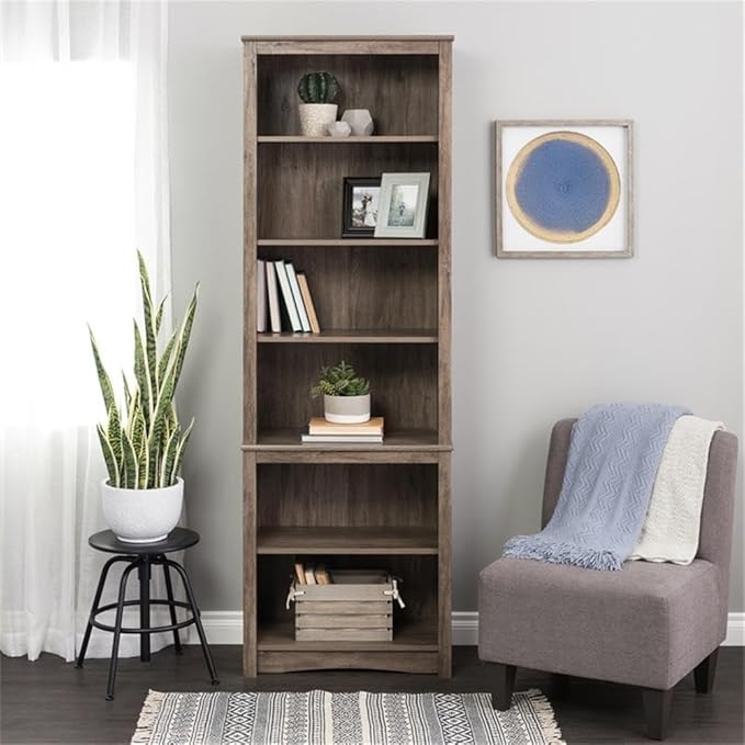 Prepac Sonoma Tall 6-Tier Bookcase 80"H with 2 Adjustable Shelves, Drifted Gray Storage Cabinet, Modern Display Cabinet, Bookshelf with Storage Shelves for Home Office, Living Room, Bedroom Organizer
