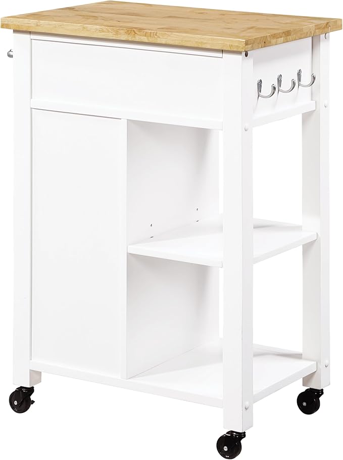 OSP Home Furnishings Derry Modern Farmhouse Kitchen Cart with Natural Butcher Block Top, Rolling Storage Cabinet with Drawer, Shelves, Hooks, White Finish
