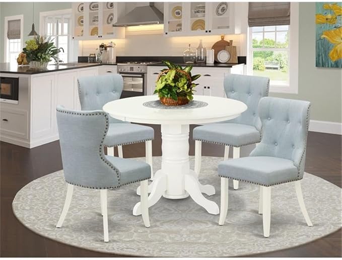 East West Furniture SHSI5-WHI-15 5 Piece Dining Table Set for 4 Includes a Round Kitchen Table with Pedestal and 4 Baby Blue Linen Fabric Parson Dining Chairs, 42x42 Inch, Linen White