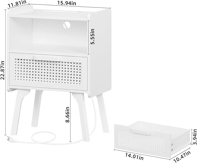Lerliuo Rattan Nightstand with Charging Station, Side Table with Drawer Open Shelf, Cane Accent Bedside End Table with Solid Wood Legs, Night Stand for Bedroom, Dorm and Small Spaces (White)
