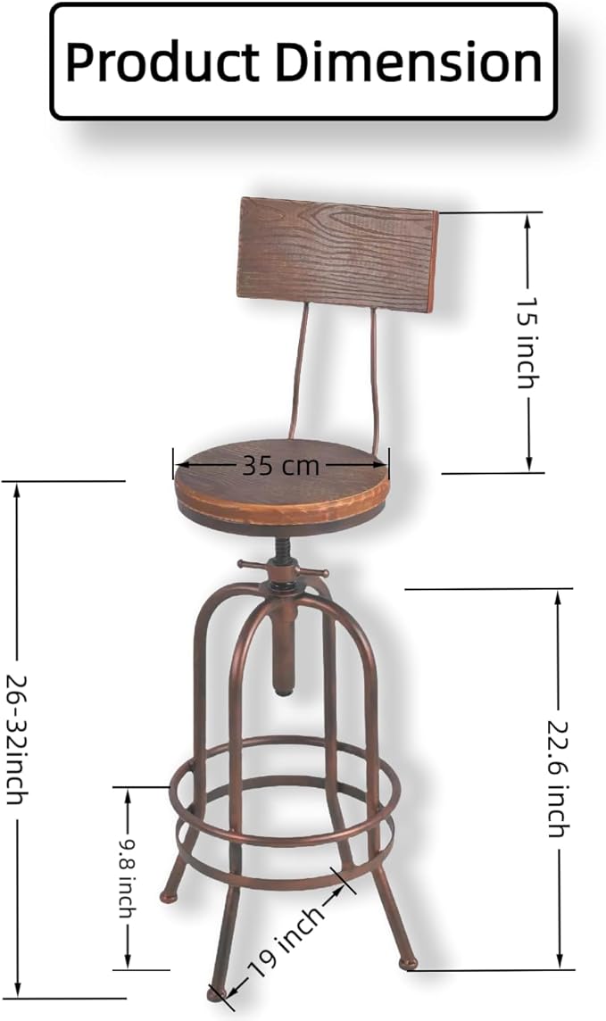 Set of 2-Industrial Bar Stools-Swivel Wooden Seat-Bar Counter Height Adjustable 26-32.2inch-Kitchen Dining Chairs