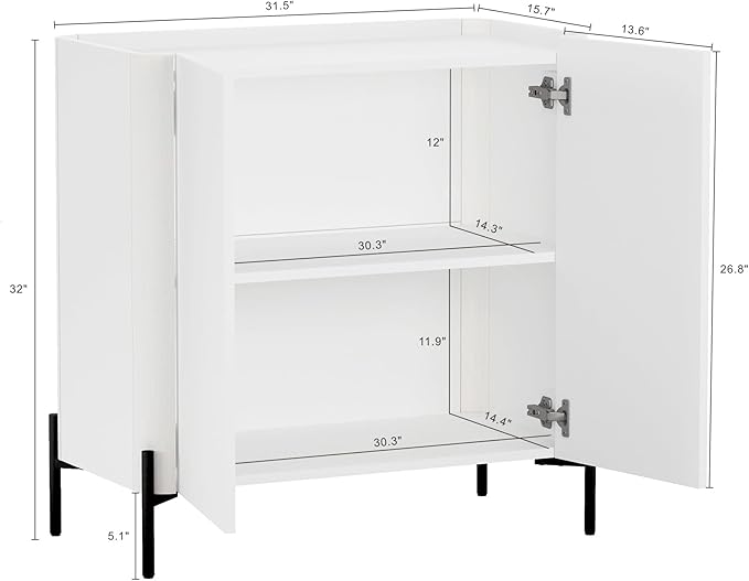 Manhattan Comfort Abbey Accent Cabinet with Doors, Tray Top Design and Adjustable Shelves, Sleek Modern Storage Furniture for Dining Area, Living Room, Bedroom, Entryway, White
