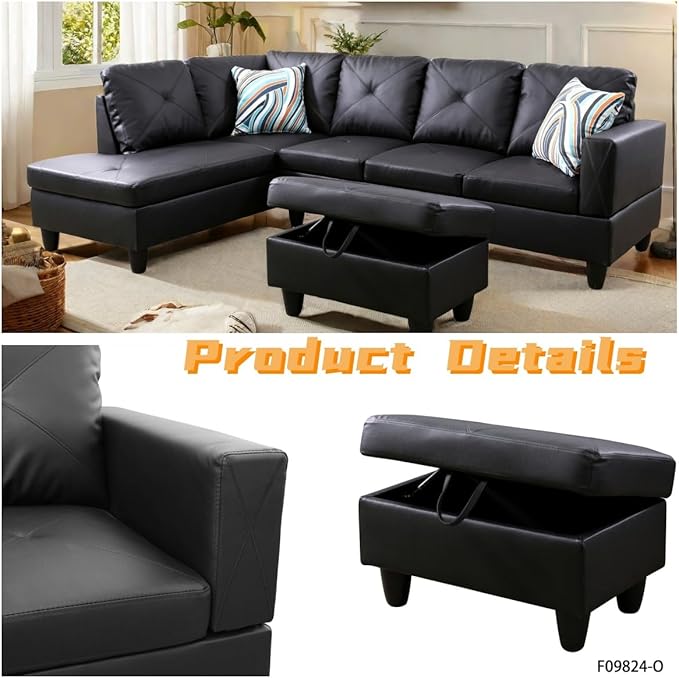 L Shaped Sectional Couch with Otttoman, 97" Leather Sectional Sofa for Living Room Modular Couches with Cup Holders for Bedroom, Apartments, Black