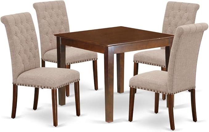 East West Furniture OXBR5-MAH-04 5 Piece Dining Room Table Set Includes a Square Wooden Table and 4 Light Tan Linen Fabric Upholstered Parson Chairs, 36x36 Inch, Mahogany