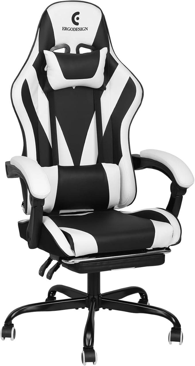 Gaming Chair with Linkage Armrest & Footrest, High Back Video Gaming Chair, Black/White