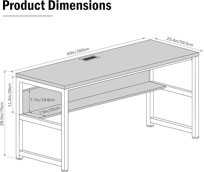 TOPSKY Computer Desk with Bookshelf/Metal Hole Cable Cover 1.18" Thick Desk (Rustic Brown, 63")