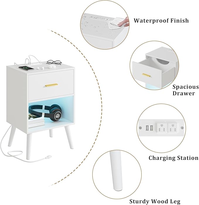 Nightstand with Charging Station and LED Lights, Small Side Table, Bedside Table with Drawer, Modern Night Stand, End Table for Bedroom, Living Room (White)