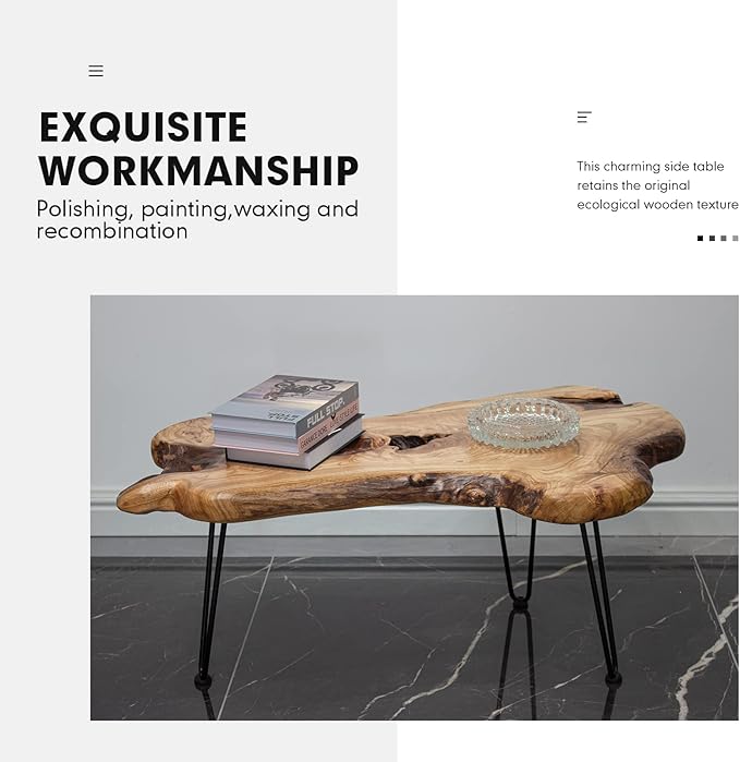 Live Edge Coffee Table, Natural Living Room Coffee Table with Clear Lacquer Finish and Metal Hairpin Legs,Unique Desktop