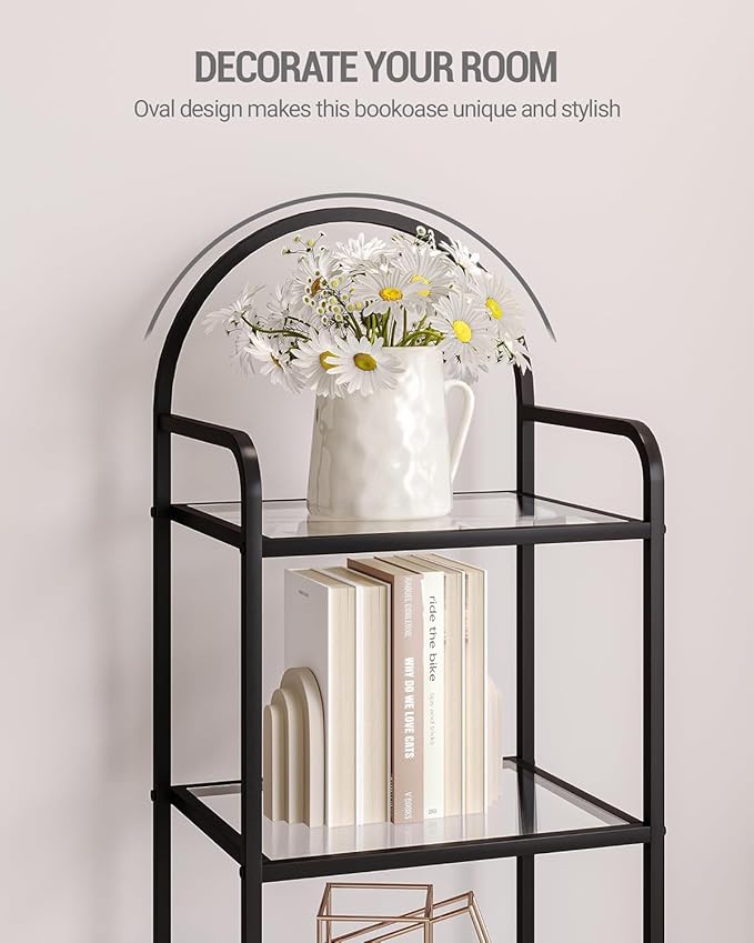 Bookcase Bookshelf, Tempered Glass Bookshelves, Slim Shelving Unit for Bedroom, Bathroom, Home Office, Steel Frame, 5 Tier Black BC05001B