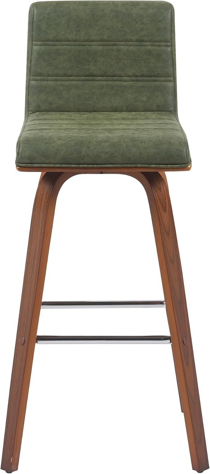 Armen Living Vienna Modern Swivel 30" Bar Height Barstool with Vintage Green Faux Leather and Walnut Wood Finish