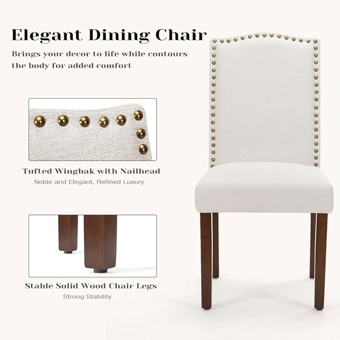 Kitchen Chairs Set of 2 Modern Upholstered Fabric Seat with Nailhead Trim and Ergonomic Lumbar Support for Living Room and Rustic Farmhouse Dining Area, Beige