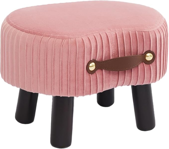 Small Footstool with Handle, Velvet Ottoman Foot Rest with Padded Seat, Curved Foot Stool with Wooden Legs, Portable Foot Rest for Living Room, Bedroom, Entryway, Pink