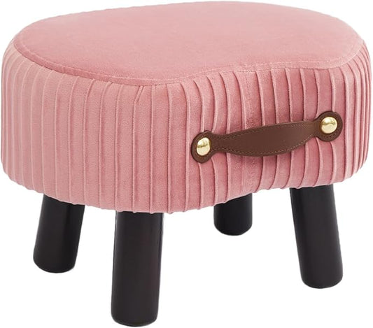 Small Footstool with Handle, Velvet Ottoman Foot Rest with Padded Seat, Curved Foot Stool with Wooden Legs, Portable Foot Rest for Living Room, Bedroom, Entryway, Pink