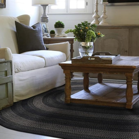 Homespice Jet Black Oval Braided Rugs 6x9' – Primitive Style Oval Area Rugs for Dining Room