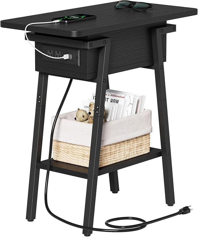 End Table with Charging Station, Flip Top Side Table with USB Ports and Outlets, Bedside Tables for Small Spaces,Nightstand with Storage Shelf for Living Room, Bedroom, Black
