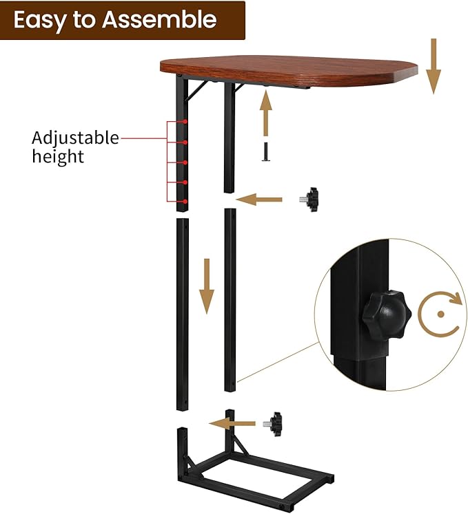 Premium Adjustable C-Shaped End Table for Couch, Mini Side Tables for Sofa, Small Coffee Table with Metal Frame, Beautiful and Practical Sidekick for Your Living Room, Bedroom, Bedside, Rustic Brown