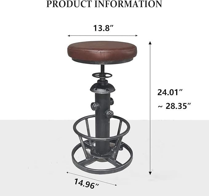 Topower Antique Industrial Round Bottom Adjustable Height Cafe Coffee Retro Vintage Stylish Water Pipe Design Pub Kitchen Bar Stool (Silver, PU Leather Top)