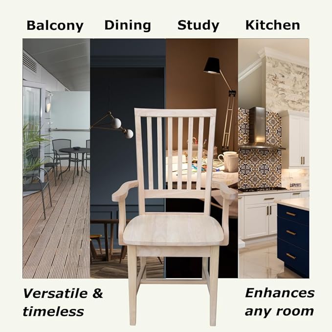 IC International Concepts Mission Side Chair with Arms Solid Parawood, Box Seat Construction, Kitchen/Dining, 22"W x 21"D x 39"H, 225 Lbs Wt. Capacity, DIY, Paint/Stain In Any Color, Unfinished