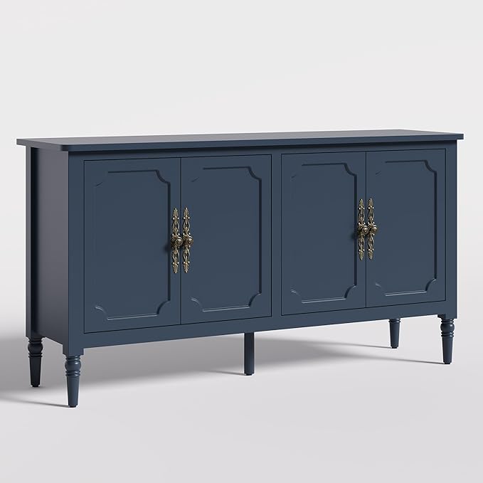 Console Cabinet, 58'' Mid Century Modern Pantry Cabinet, Wood Buffet Cabinet, Media Cabinet with 4 Doors, Accent Cabinet for Entryway, Living Room, Dining Room (Blue)
